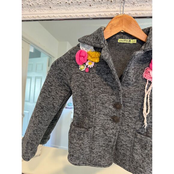 Little Mass Vintage Gray Cotton Floral Embellished Cardigan Jacket Girl’s Size 6 - Picture 5 of 6